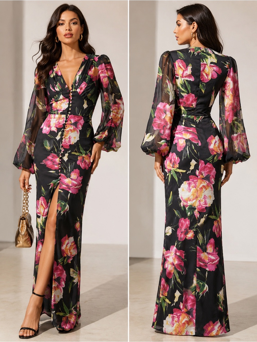 Floral V-Neck Long Sleeve Maxi Dress - Black & Pink